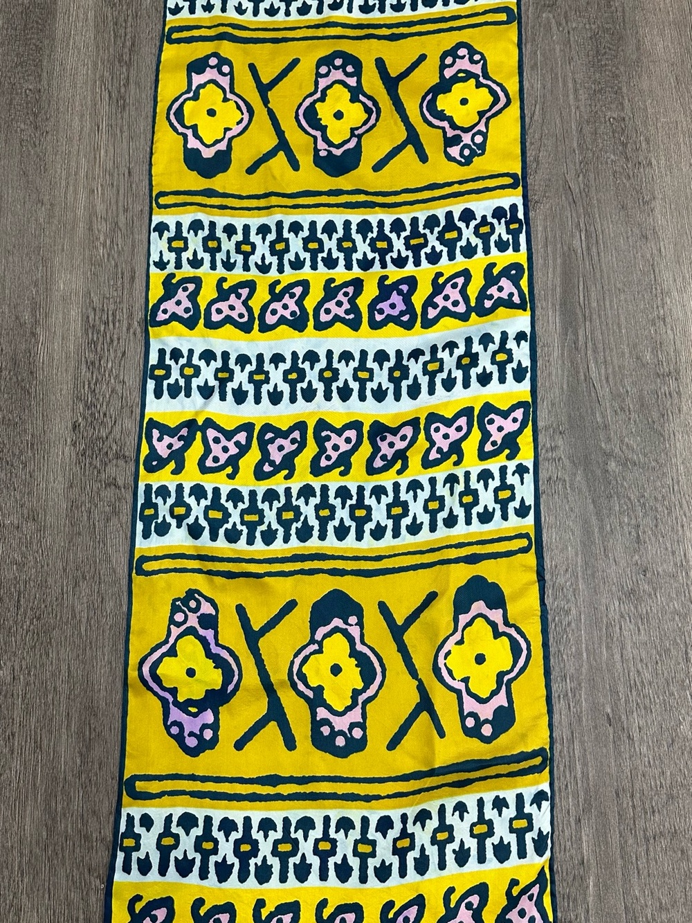 Vintage Vera Neumann rayon silk scarf yellow navy blue pink